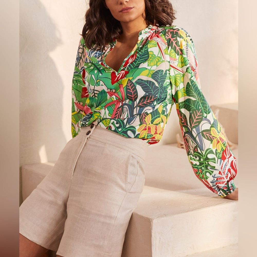 Boden Heather Parrot Print Blouse Size 2 Palm Leaf Paradise Jungle Long Sleeve - Picture 1 of 16